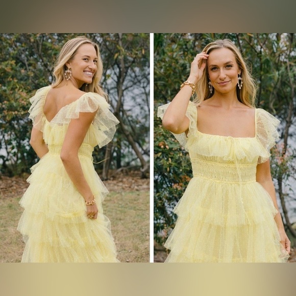 CONFETE Yellow Swiss Dot Tulle Tiered Midi Dress Cottagecore Prom Garden Party - Picture 2 of 10